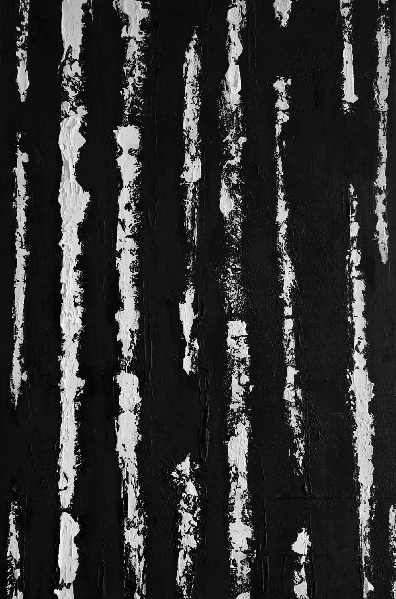 Baran: black canvas scraped with falling white plaster marks